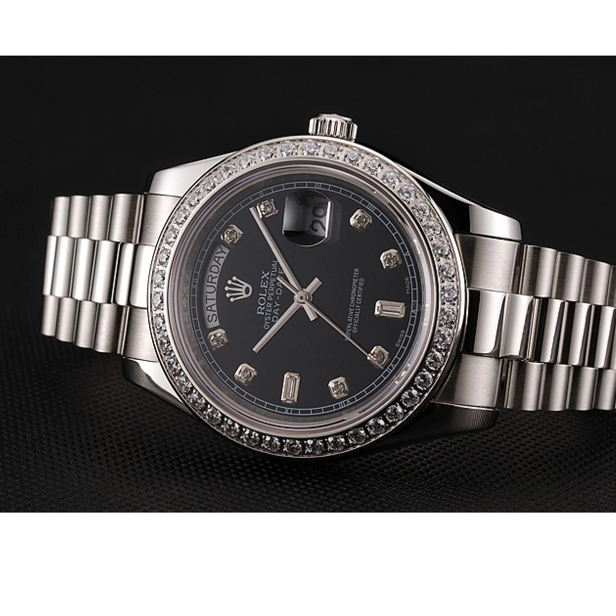 Aaa replica watch Day-Date Bracelet Swiss Stainless Rolex Black Case Diamond Diamond Steel Dial 1453966 Numerals 0522